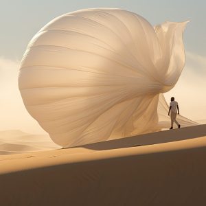 Homme seul dans le désert qui tient un voilage blanc