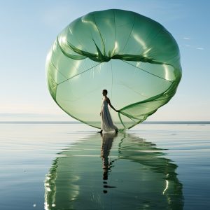 Femme métisse marchant de l'eau et tenant un voilage vert en forme de montgolfière