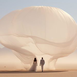 Gestion Privée: Couple de marié dans le désert avec un voilage crème