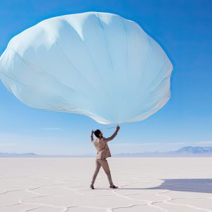 Homme en costard de dos qui porte un voilage blanc, en arrière plan un ciel bleu, des montages et le désert