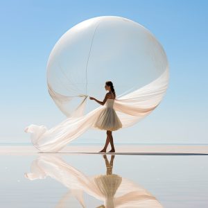 Femme avec un tutu qui porte un voilage blanc en forme de montgolfière