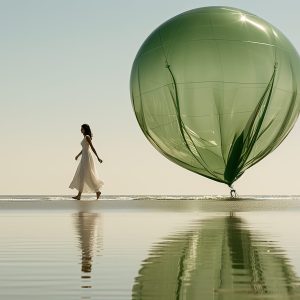 Femme de profil qui marche sur la mer avec une robe blanche et une montgolfière verte derrière