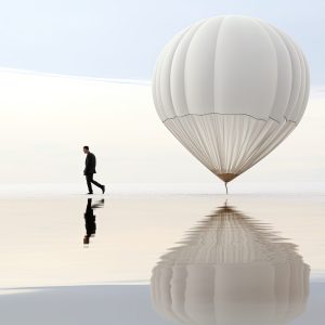 Homme de dos avec derrière lui une montgolfière blanche