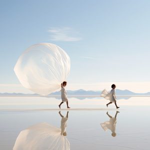Enfants qui courent de profil, un des deux porte un voilage blanc avec en arrière plan des montagnes